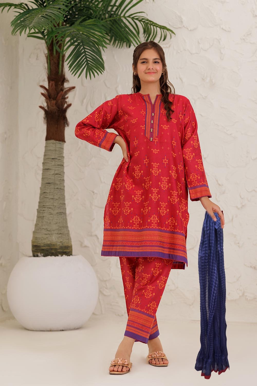Senorita Girls Ready to Wear Girls Red and Multicolor Casual 3 Piece Suit Cotton Jacquard Solids GAD-03061 - Summer Collection