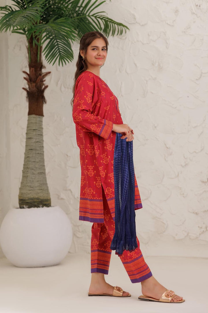 Senorita Girls Ready to Wear Girls Red and Multicolor Casual 3 Piece Suit Cotton Jacquard Solids GAD-03061 - Summer Collection