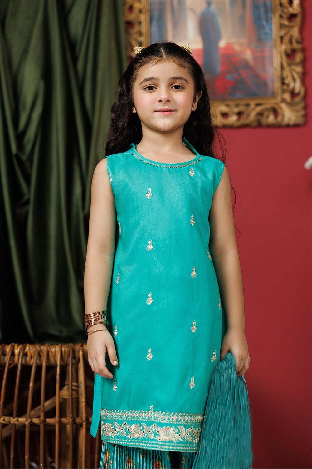 Senorita Kids RTW Turquoise Green and Multicolor Formal 3 Piece Suit Viscose Raw Silk KDD-03020 - Winter Collection