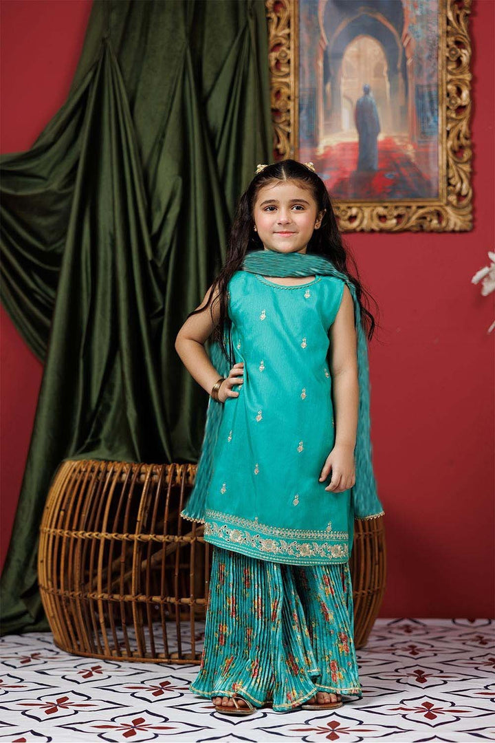 Senorita Kids RTW Turquoise Green and Multicolor Formal 3 Piece Suit Viscose Raw Silk KDD-03020 - Winter Collection