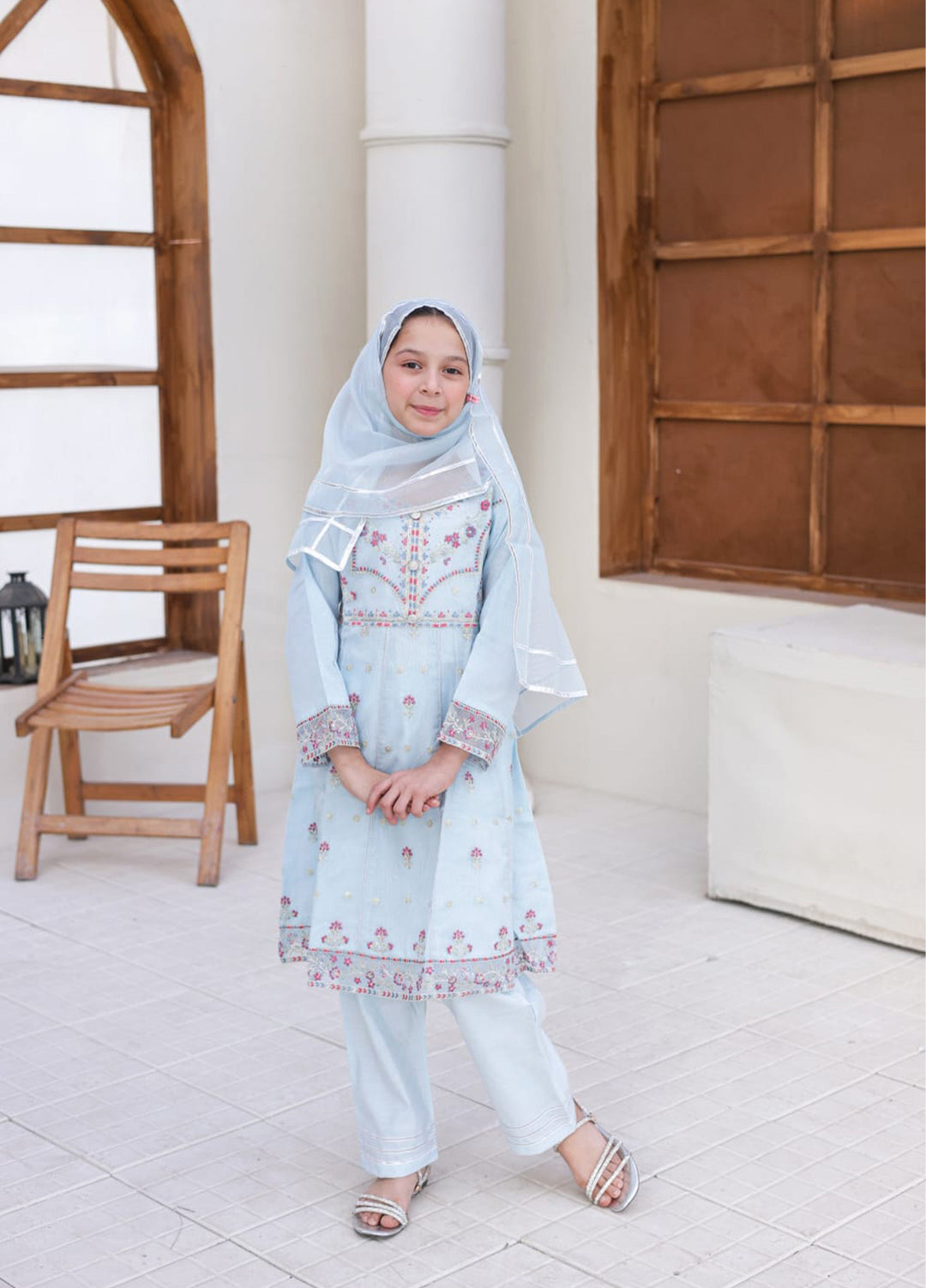 Saheli by Suntex Fabrics Girls RTW Embroidered Organza 3 Piece Suit Frock Light Grey Festive Collection