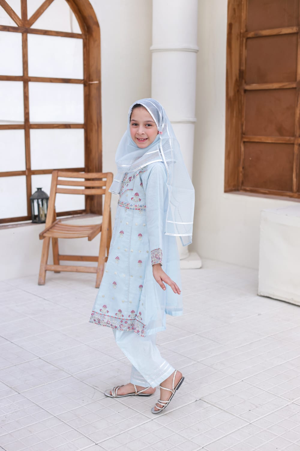 Saheli by Suntex Fabrics Girls RTW Embroidered Organza 3 Piece Suit Frock Light Grey Festive Collection