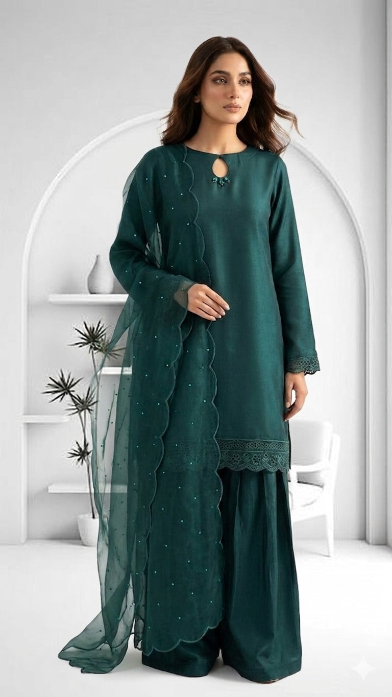 Silk Atelier by Jamni RTW Embroidered Silk 3 Piece Suit Royal Zamrud Festive Collection