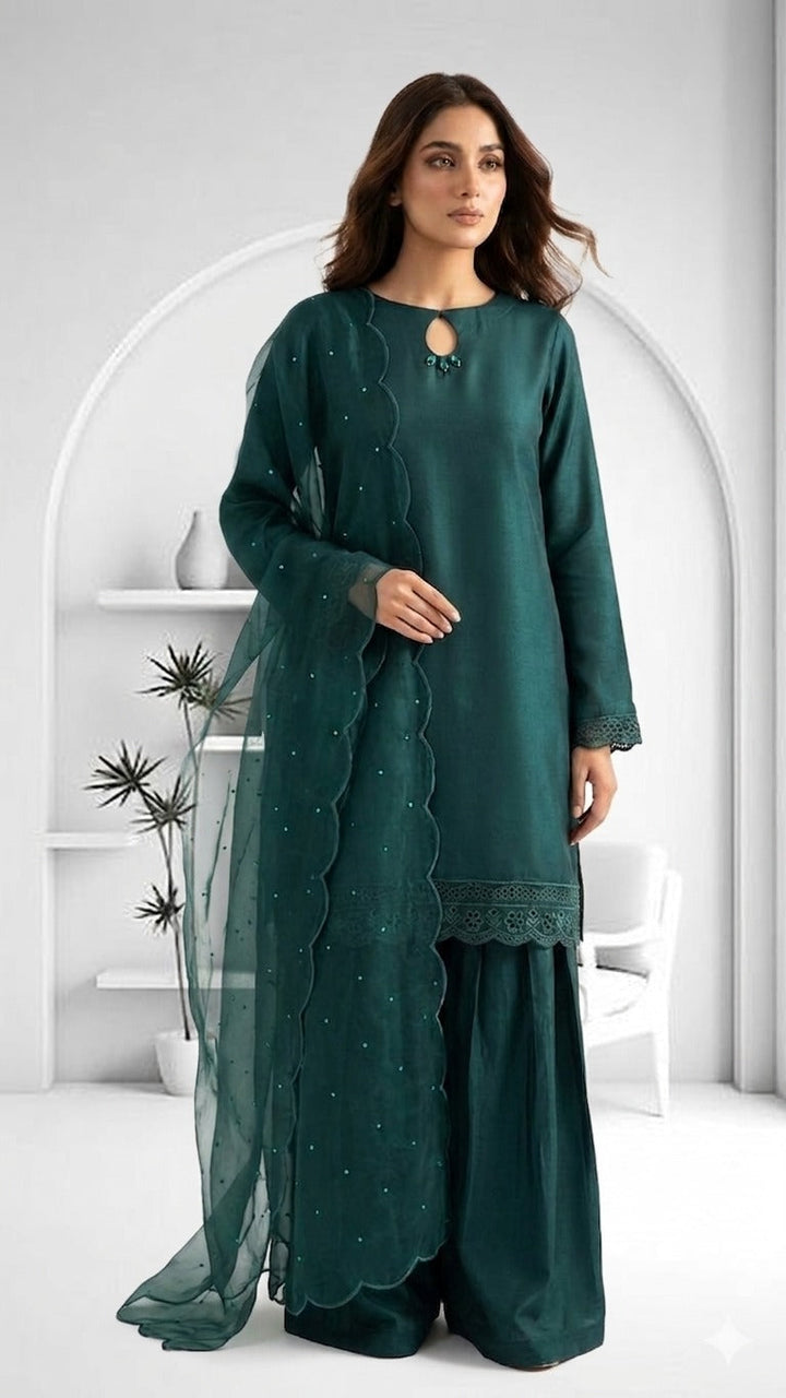 Silk Atelier by Jamni RTW Embroidered Silk 3 Piece Suit Royal Zamrud Festive Collection