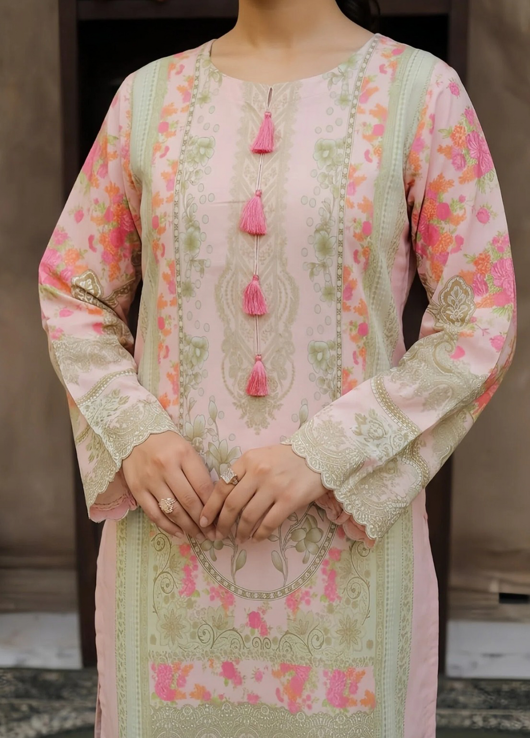 Daily Luxe by Style Up Women RTW Printed Poly Lawn 3 Piece Suit Blush Bloom  - Casual Collection