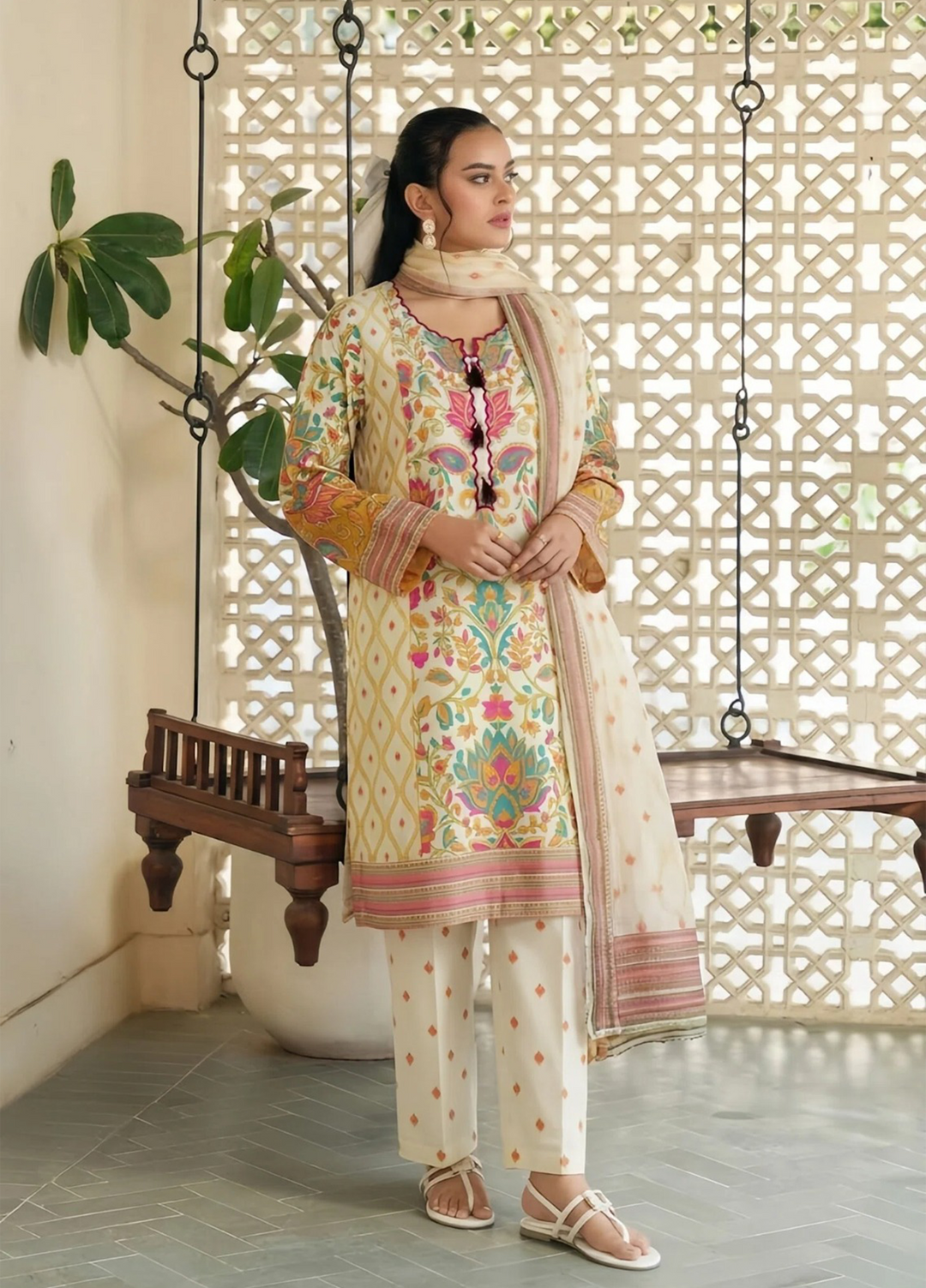 Daily Luxe by Style Up Women RTW Printed Poly Lawn 3 Piece Suit Ivory Garden  - Casual Collection