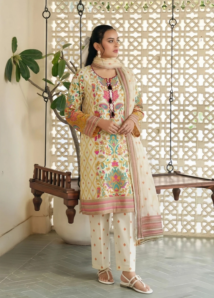 Daily Luxe by Style Up Women RTW Printed Poly Lawn 3 Piece Suit Ivory Garden  - Casual Collection