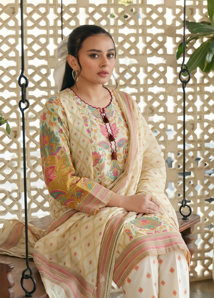 Daily Luxe by Style Up Women RTW Printed Poly Lawn 3 Piece Suit Ivory Garden  - Casual Collection
