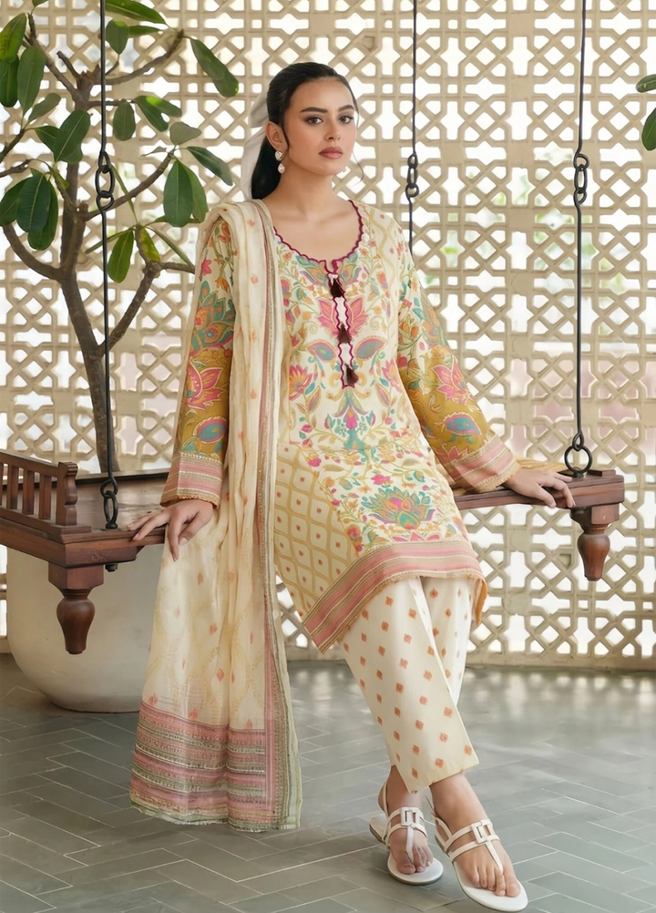 Daily Luxe by Style Up Women RTW Printed Poly Lawn 3 Piece Suit Ivory Garden  - Casual Collection