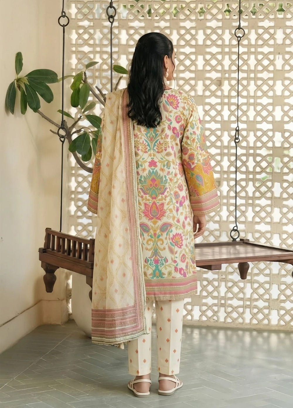 Daily Luxe by Style Up Women RTW Printed Poly Lawn 3 Piece Suit Ivory Garden  - Casual Collection