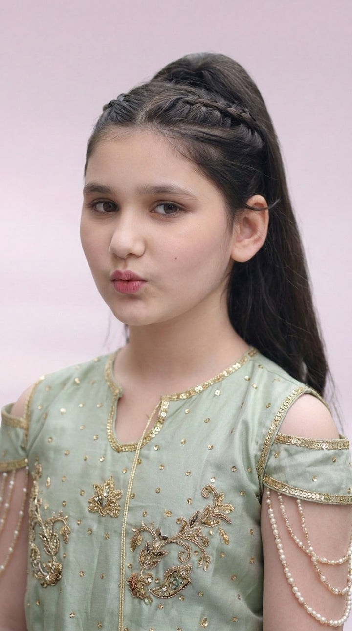 Andaz e Jahan by Qurratulain Saqib Pret kids Kattan 1 Piece Chikankari Pista Blossom Elegance - Wedding Collection
