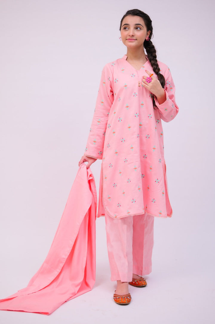 Senorita Girls RTW Girls Peach Casual 3 Piece Suit Cotton Self Dobby Printed GAD-02737 - Winter Collection
