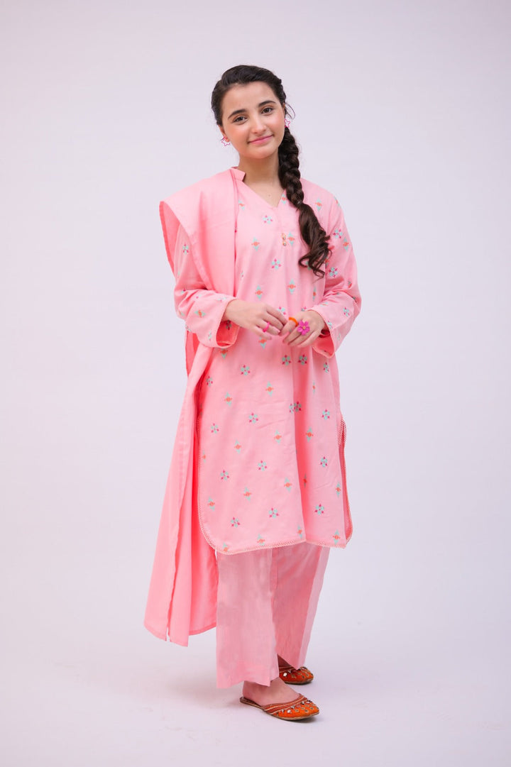 Senorita Girls RTW Girls Peach Casual 3 Piece Suit Cotton Self Dobby Printed GAD-02737 - Winter Collection