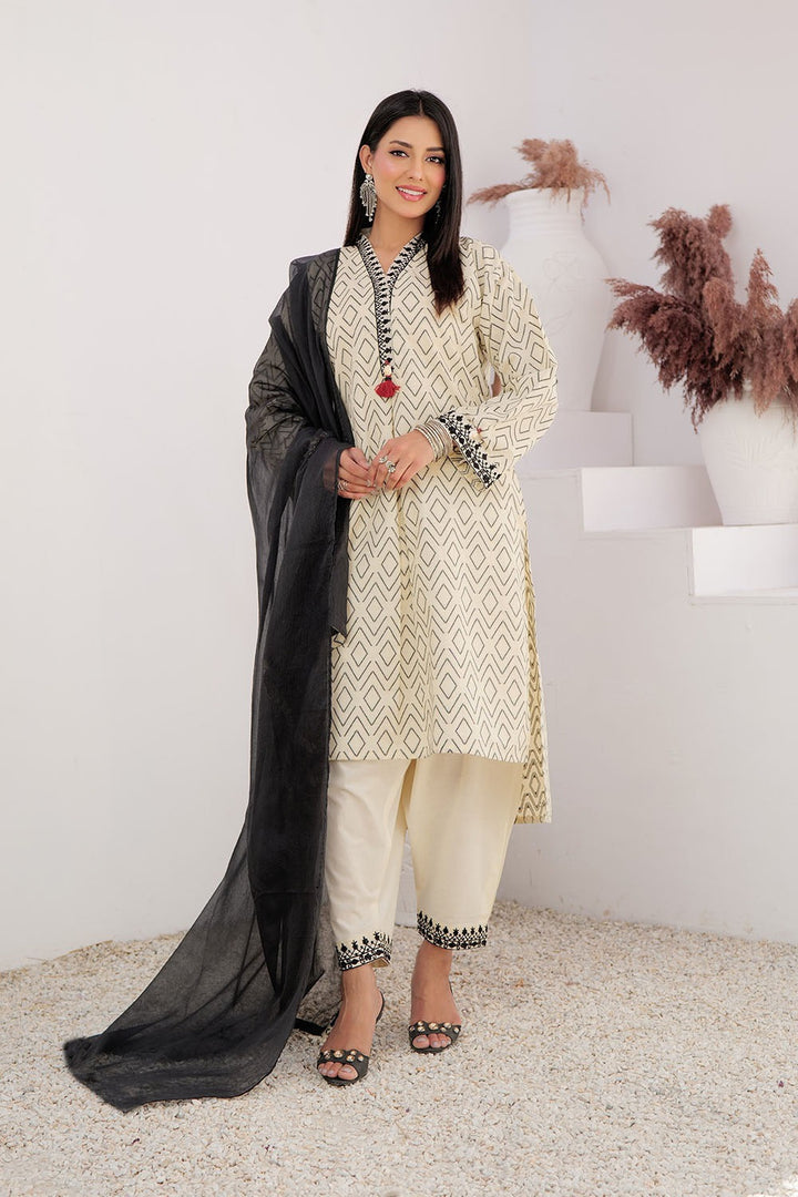 Senorita Women RTW Women Printed Cream and Black Casual 3 Piece Suit Cotton Jacquard LAD-03005 - Summer Collection