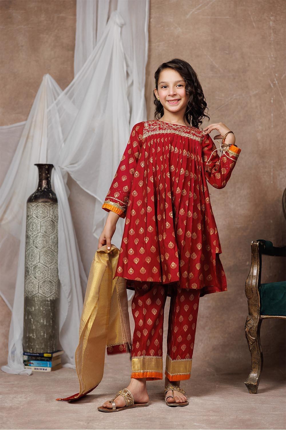 Senorita Kids RTW Maroon and Gold Formal 3 Piece Suit Viscose Chambray Silk KDD-03016 - Winter Collection