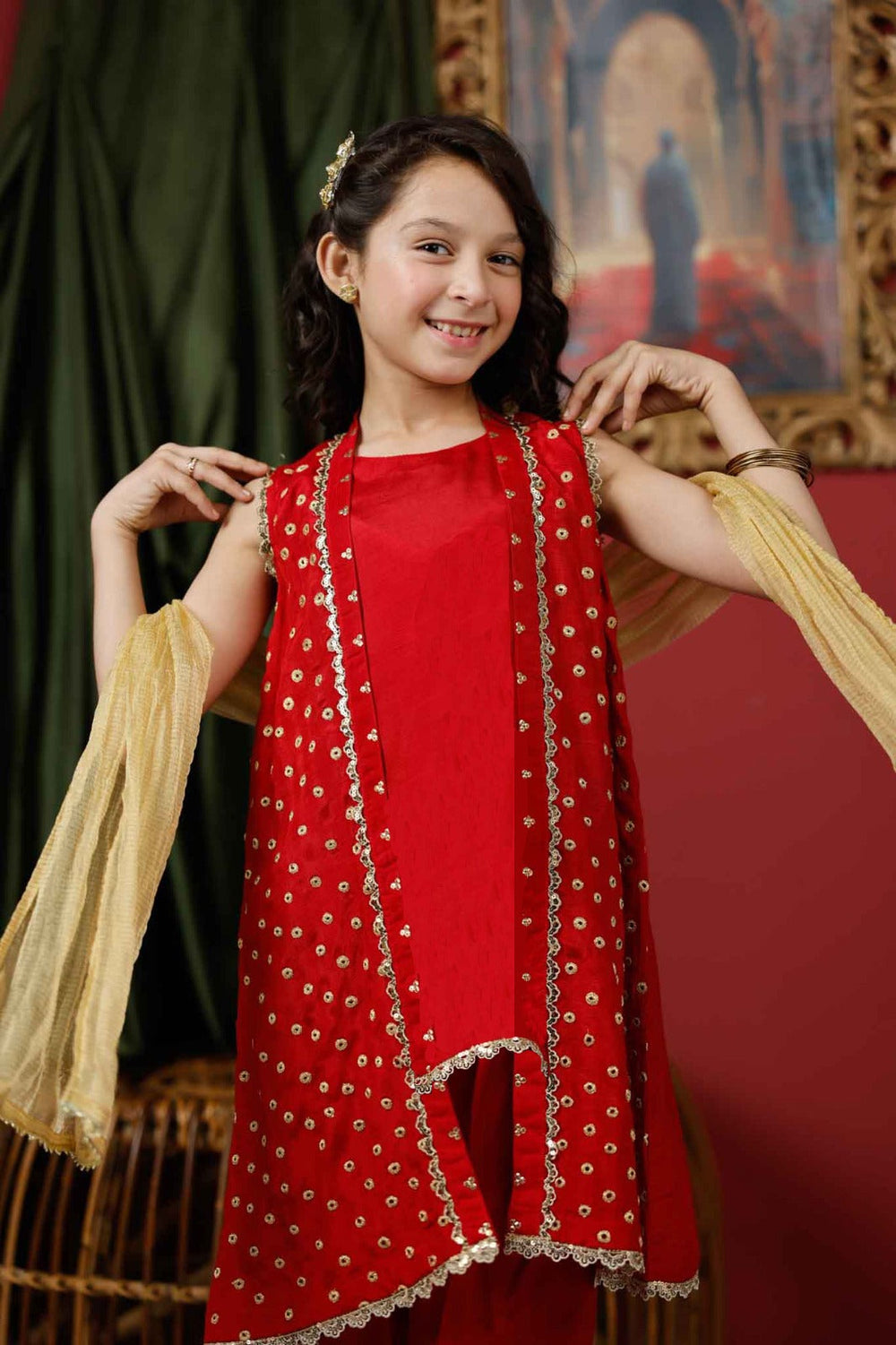 Senorita Kids RTW Red and Gold Formal 3 Piece Suit Viscose Raw Silk KDD-03017 - Summer Collection
