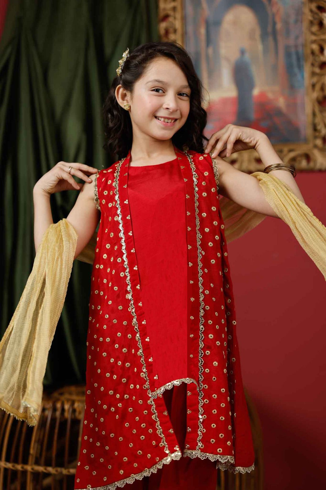 Senorita Kids RTW Red and Gold Formal 3 Piece Suit Viscose Raw Silk KDD-03017 - Summer Collection