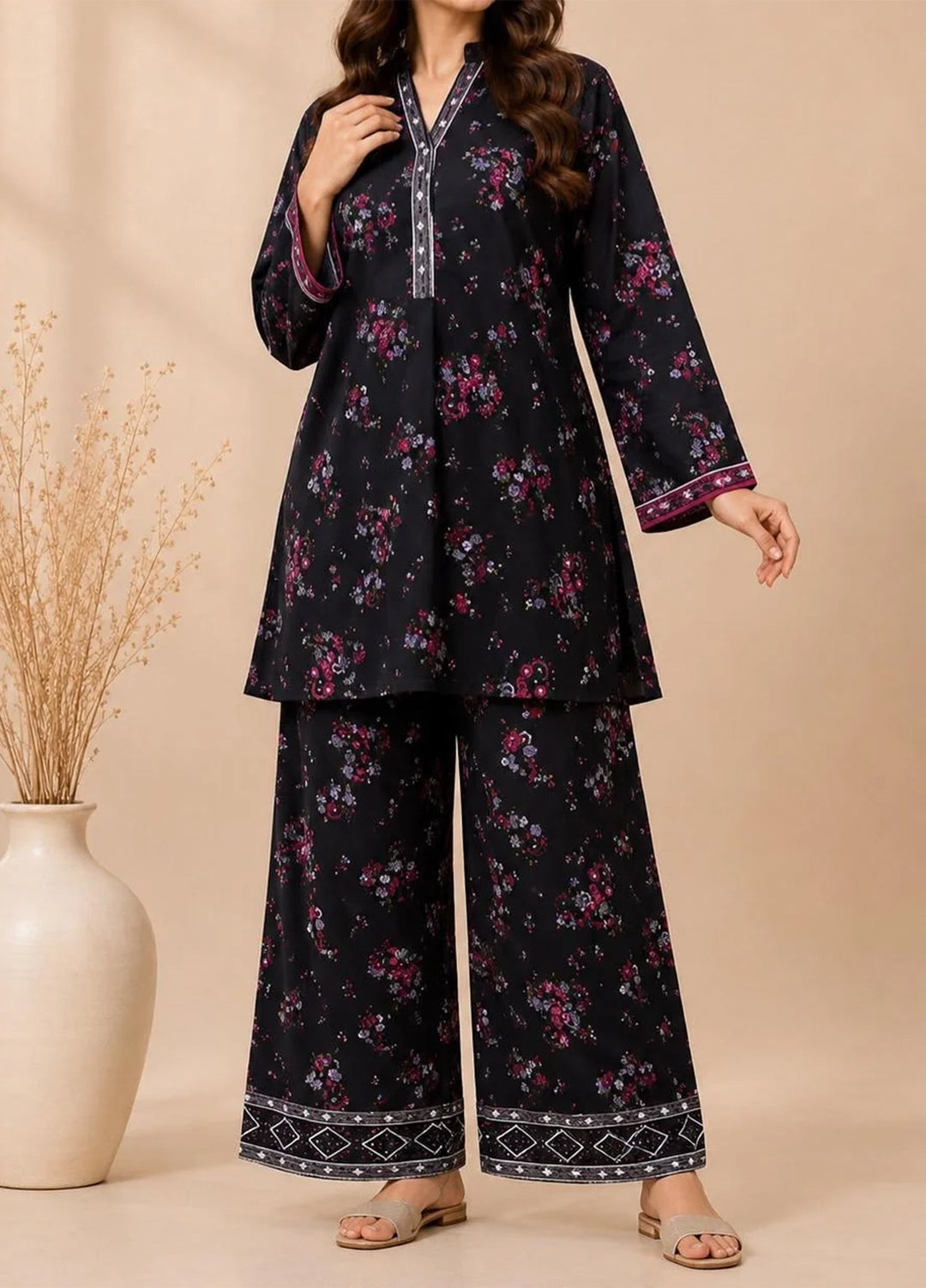 Saba Sumaiya Women RTW Printed Cotton Lawn 2 Piece Suit SS-78663 Black Magenta - Casual Collection