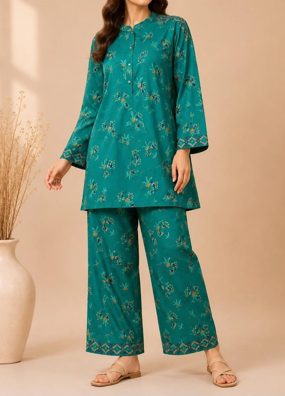 Saba Sumaiya Women RTW Printed Cotton Lawn 2 Piece Suit SS-78661 Turquoise Leaves - Casual Collection