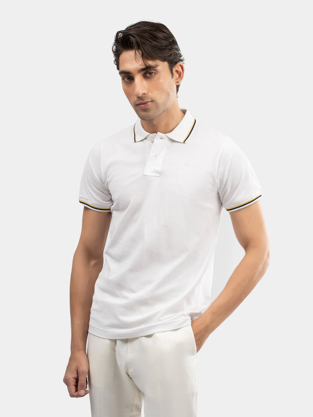 Brumano Mens RTW Solids Cotton Polo T-Shirt White Multicolor Tipped Collar Casual Collection
