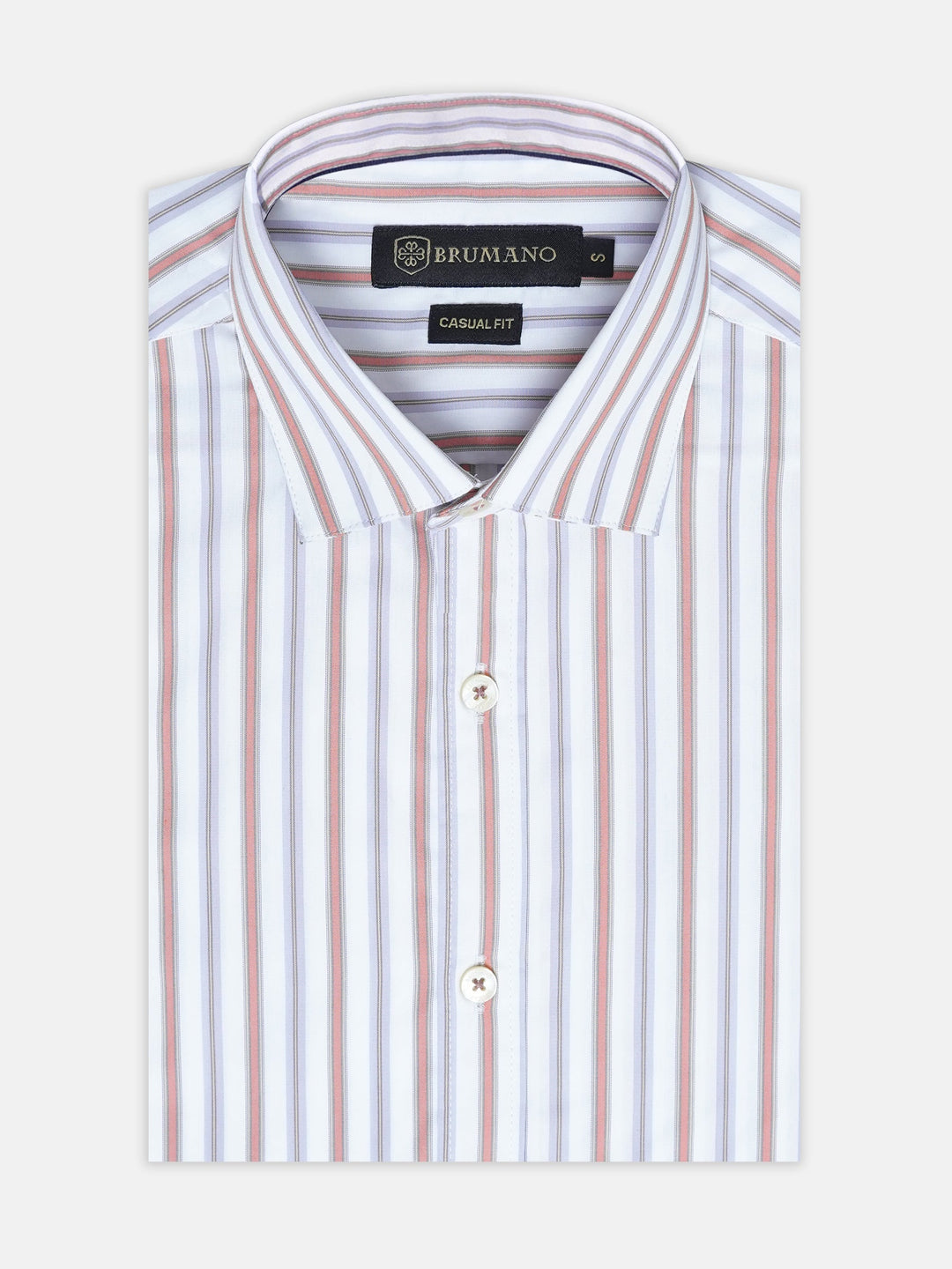 Brumano Mens RTW Solids Cotton Shirt White N Orange Striped Western Collection