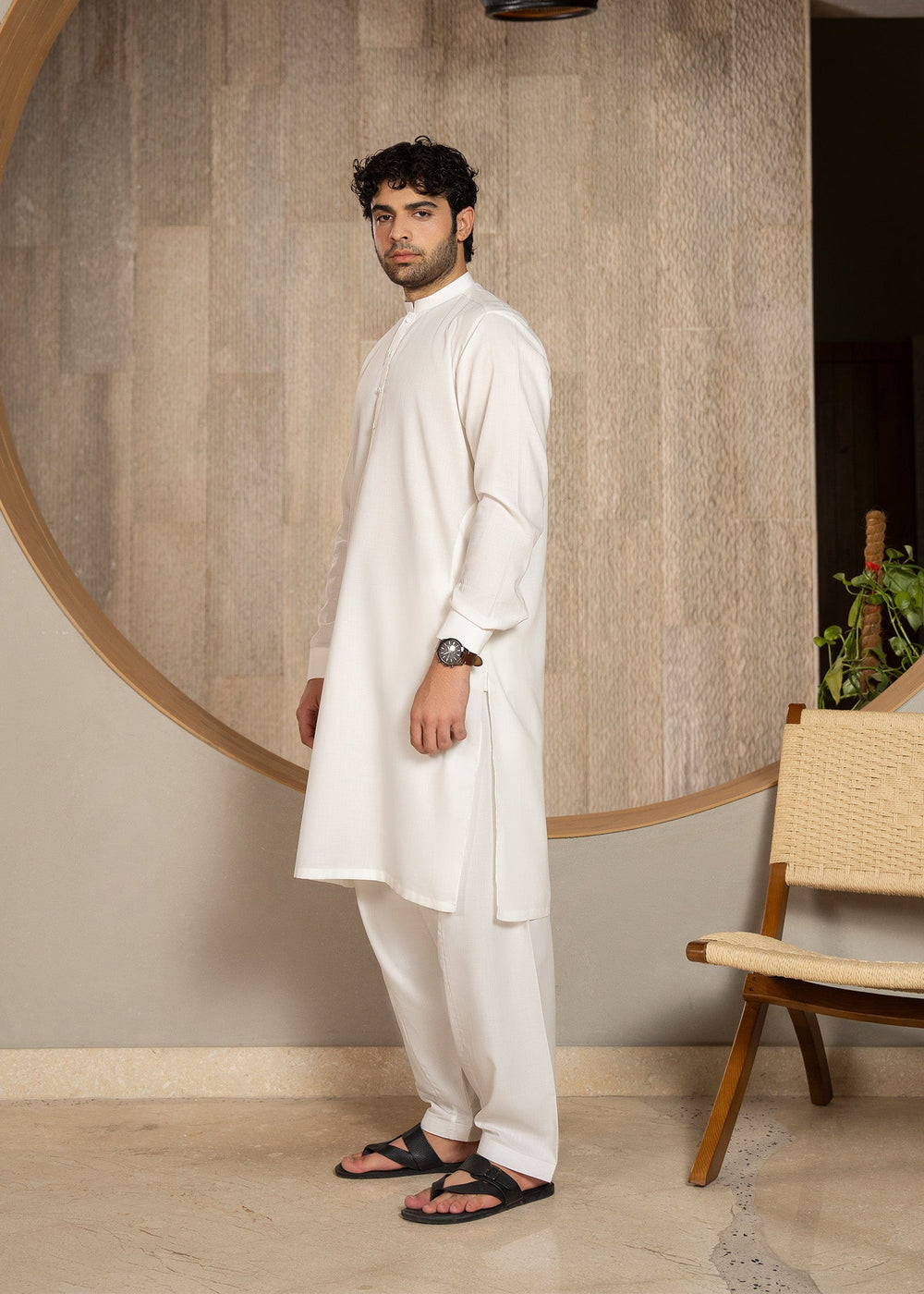 Buraq Men RTW Solids Wash N Wear Kurta Shalwar Suit White Ban Casual Collection