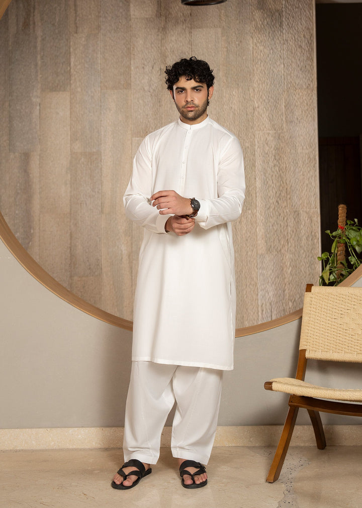 Buraq Men RTW Solids Wash N Wear Kurta Shalwar Suit White Ban Casual Collection
