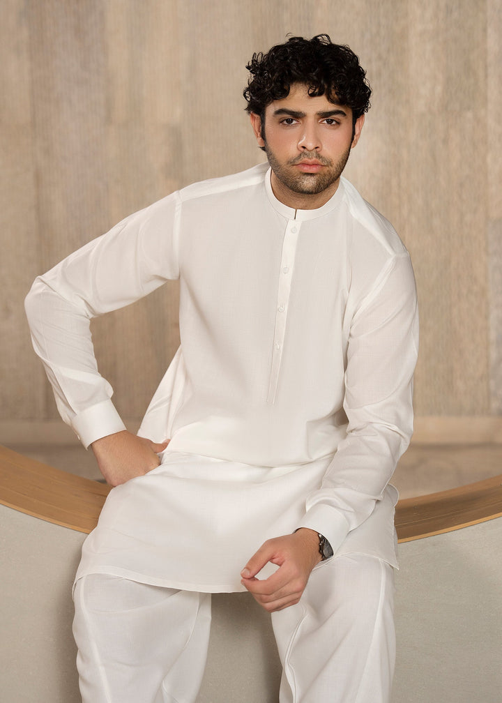 Buraq Men RTW Solids Wash N Wear Kurta Shalwar Suit White Ban Casual Collection