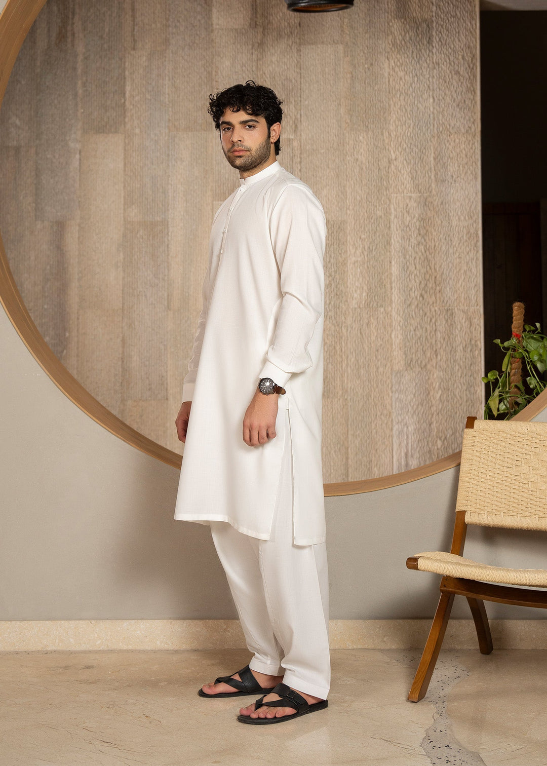 Buraq Men RTW Solids Wash N Wear Kurta Shalwar Suit White Ban Casual Collection