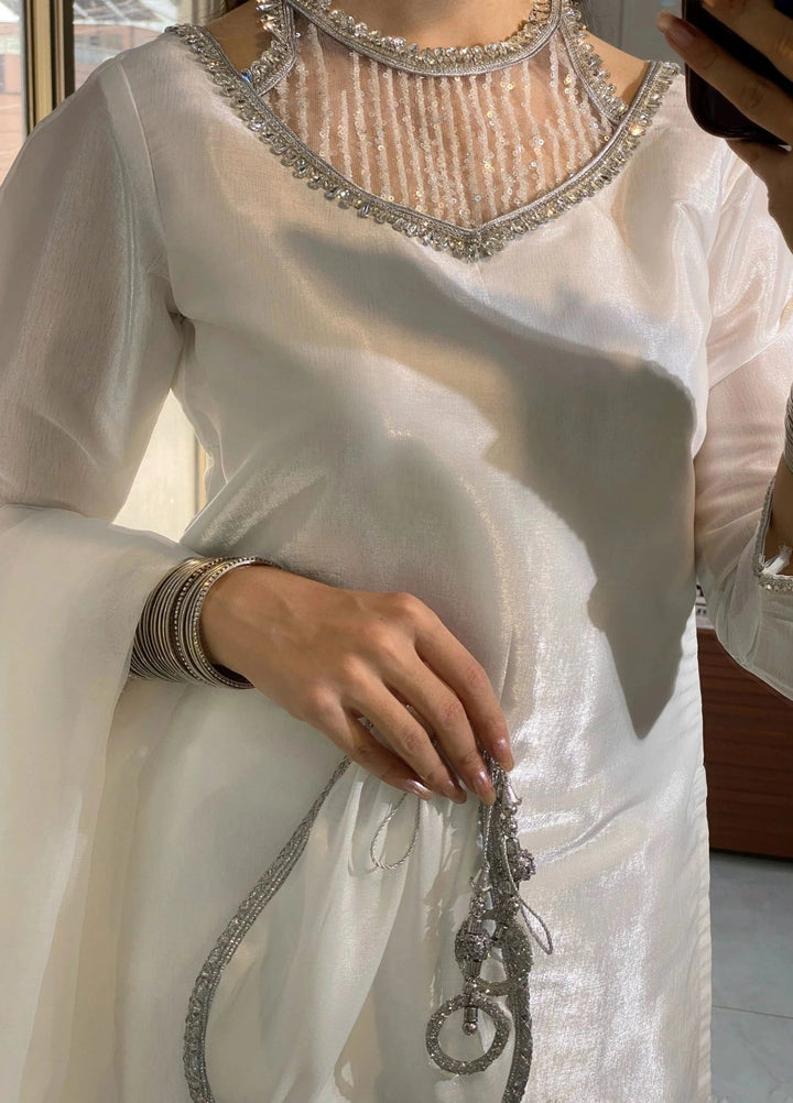 Mataish Women RTW Embroidered Raw Silk 3 Piece Suit White Farshi Shalwar - Festive Collection