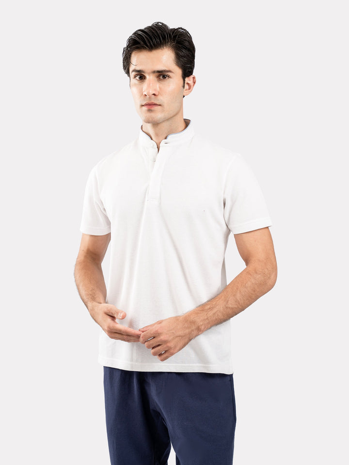 Brumano  Solids Cotton Polo White Mao Collar Pique Polo