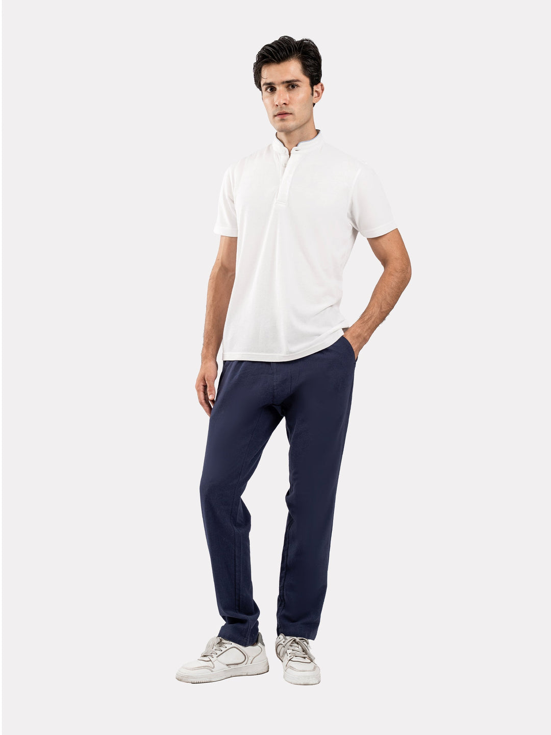 Brumano  Solids Cotton Polo White Mao Collar Pique Polo