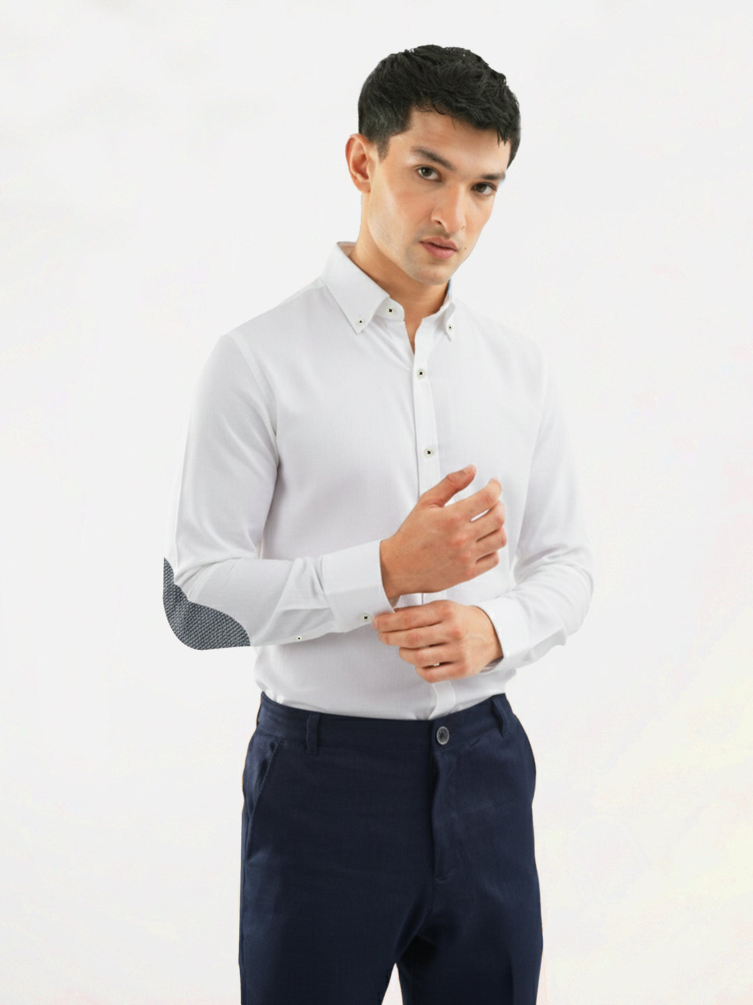 Brumano Mens RTW Solids Cotton Shirt White Oxford With Elbow Patch Casual Collection