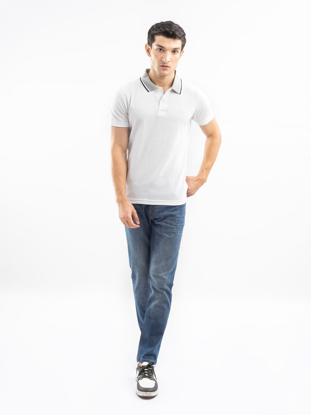 Brumano  Solids Cotton Polo White Pique Polo With Grey Tipped Collar