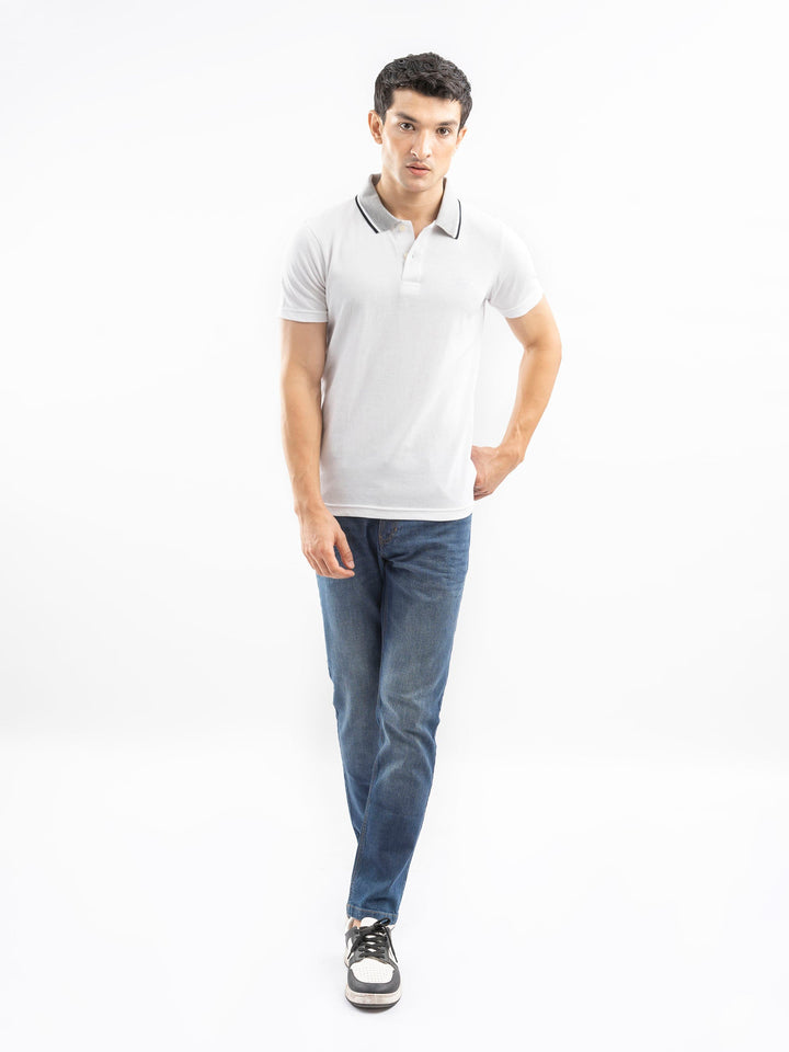 Brumano  Solids Cotton Polo White Pique Polo With Grey Tipped Collar