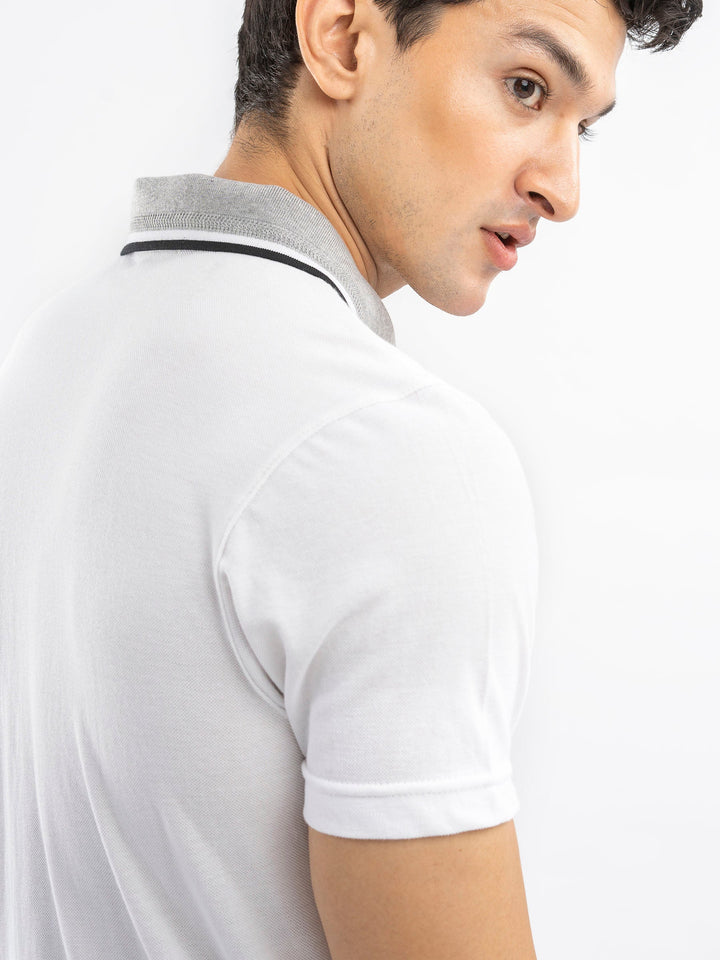Brumano  Solids Cotton Polo White Pique Polo With Grey Tipped Collar