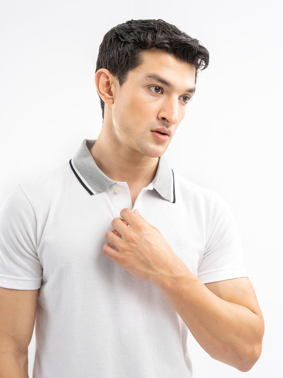 Brumano  Solids Cotton Polo White Pique Polo With Grey Tipped Collar