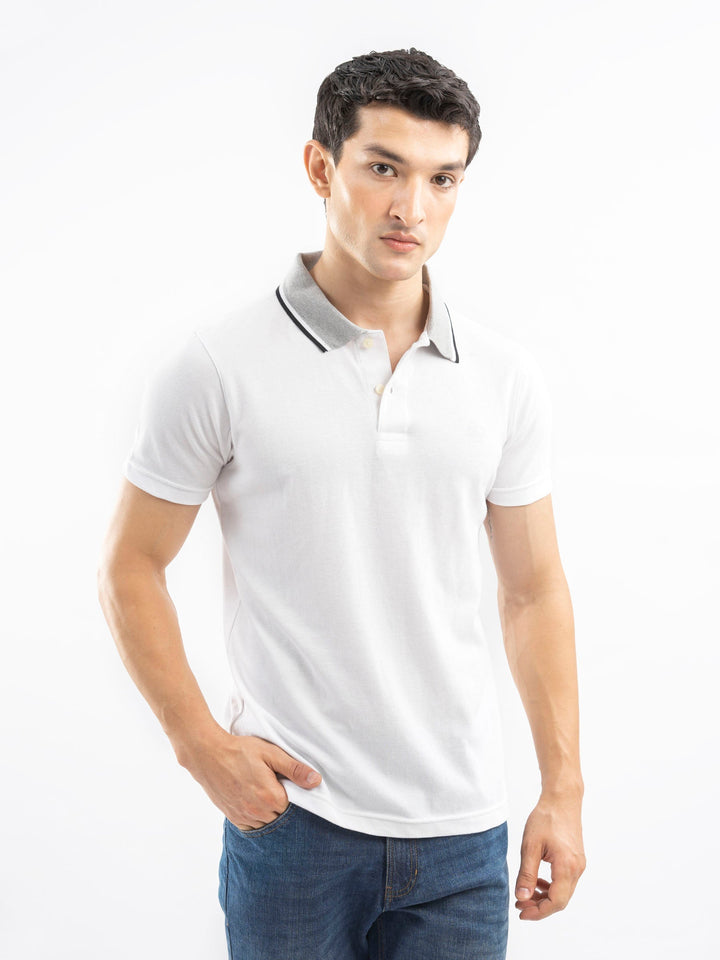 Brumano  Solids Cotton Polo White Pique Polo With Grey Tipped Collar