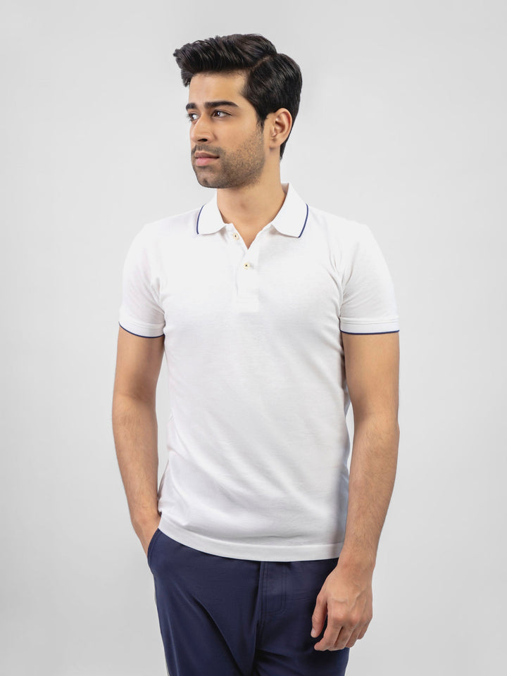 Brumano  Solids Cotton Polo White Pique Polo With Navy Blue Tipped Collar