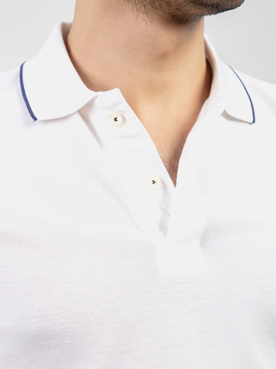 Brumano  Solids Cotton Polo White Pique Polo With Navy Blue Tipped Collar