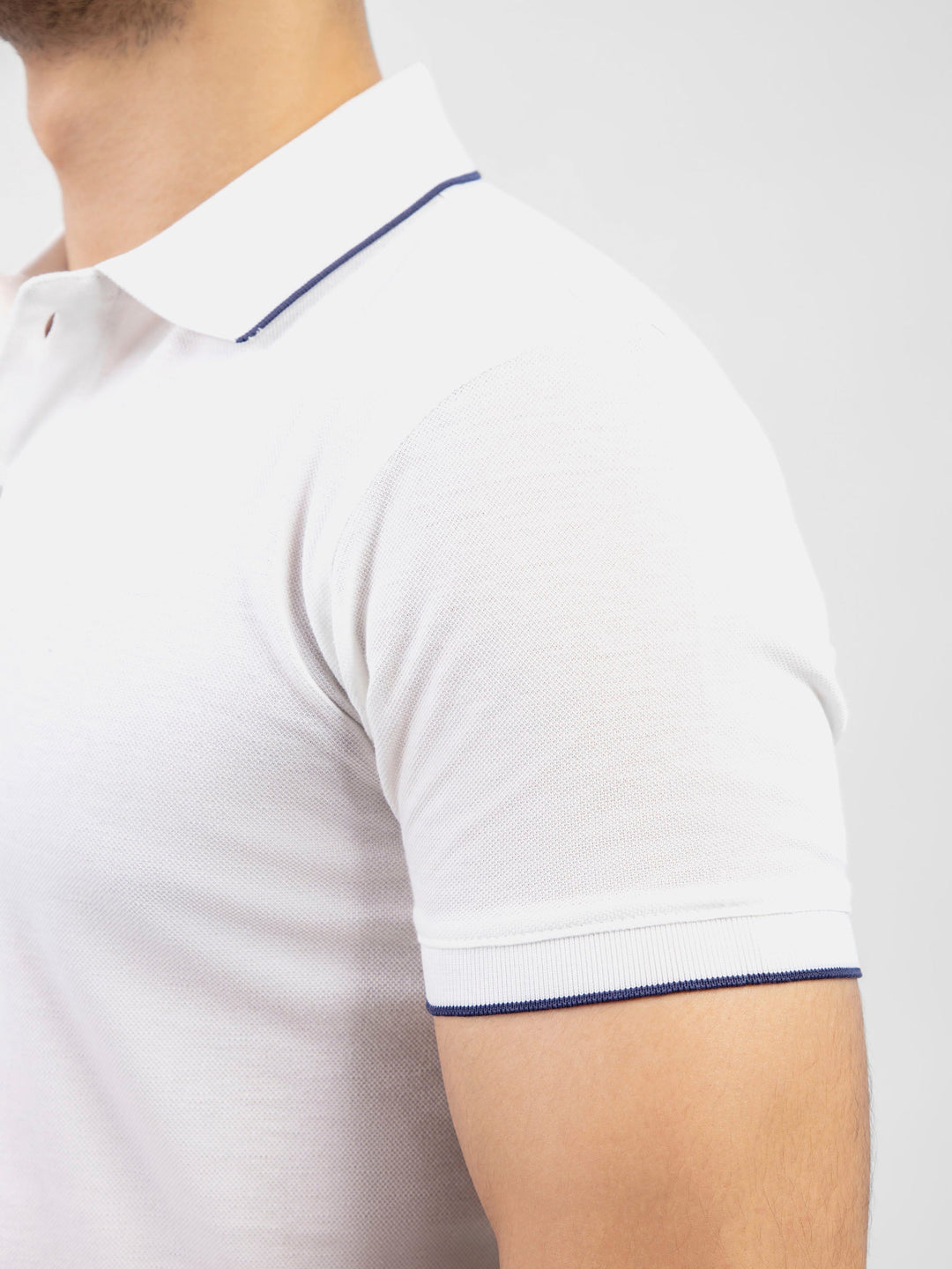 Brumano  Solids Cotton Polo White Pique Polo With Navy Blue Tipped Collar