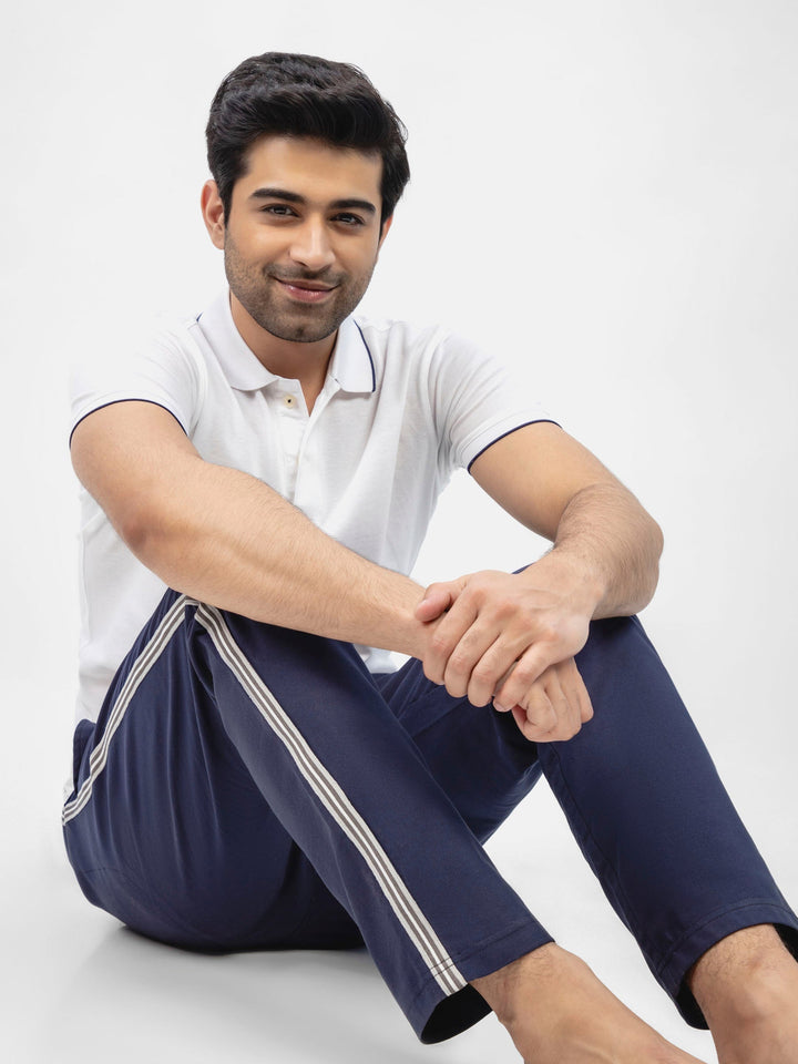 Brumano  Solids Cotton Polo White Pique Polo With Navy Blue Tipped Collar