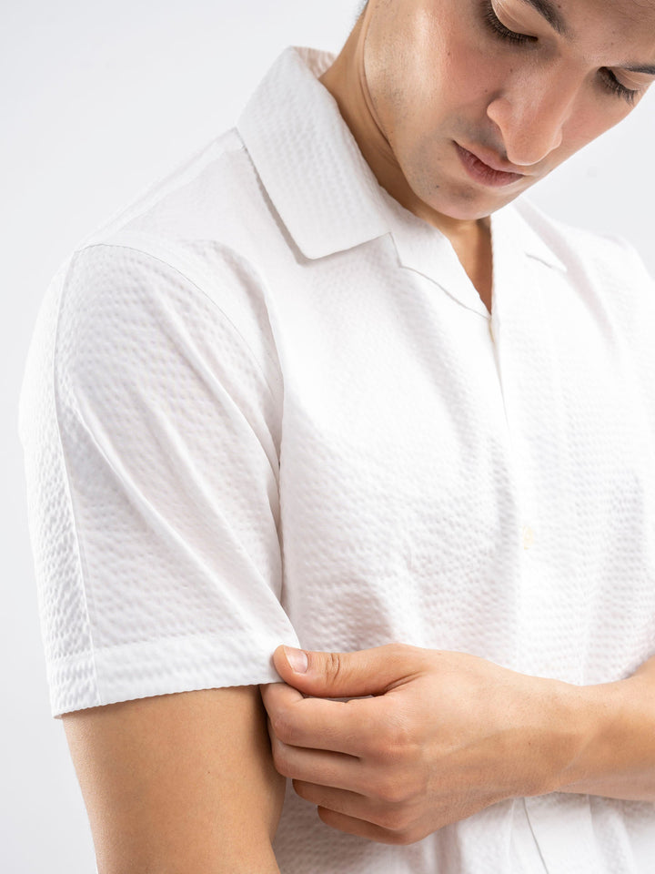 Brumano Ready To Wear Shirts Men 1 Piece Cotton White Seersucker Light Weight Cuban Collar Shirt 0-33-025-4391 - Summer Collection