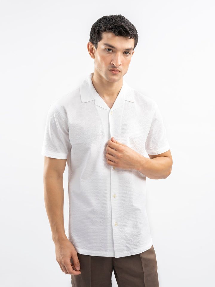 Brumano Ready To Wear Shirts Men 1 Piece Cotton White Seersucker Light Weight Cuban Collar Shirt 0-33-025-4391 - Summer Collection