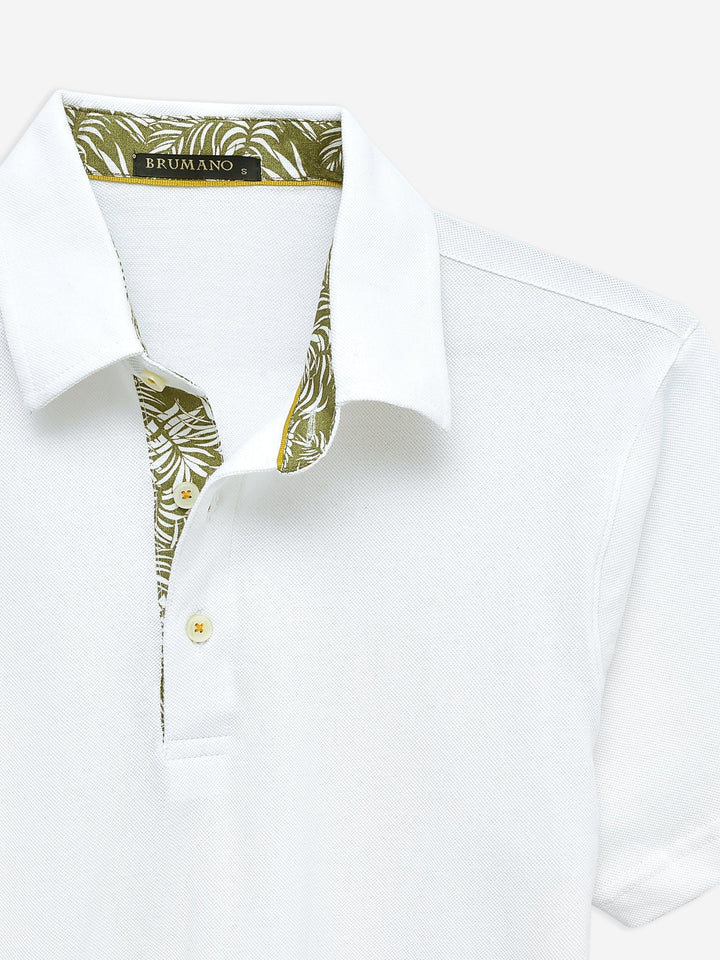 Brumano  Solids Cotton Polo White Self Collar Polo With Contrasting Detailing