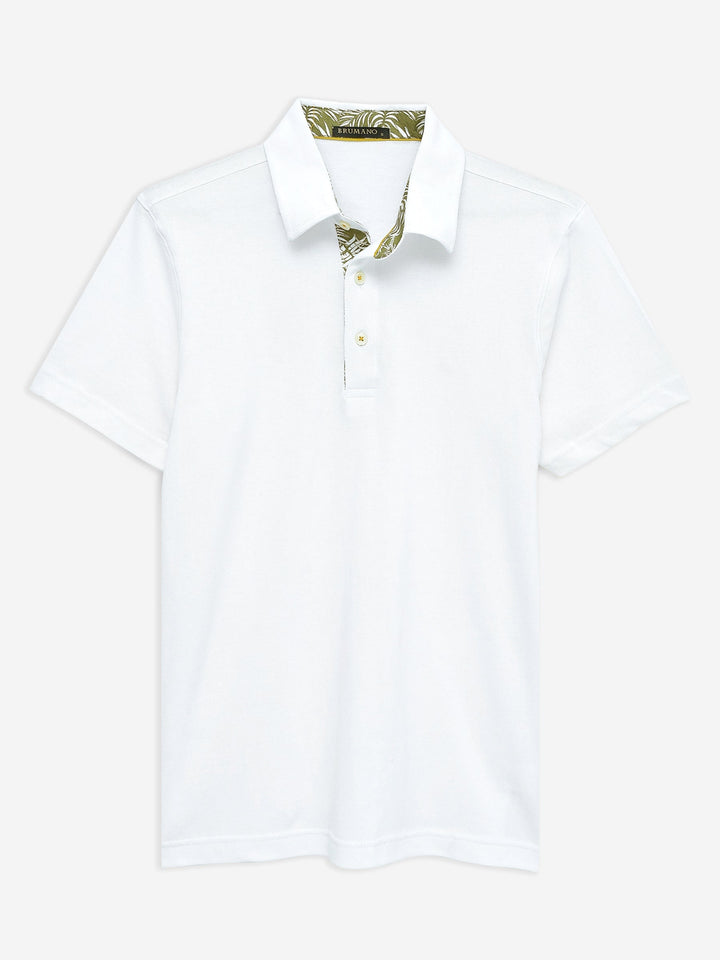 Brumano  Solids Cotton Polo White Self Collar Polo With Contrasting Detailing
