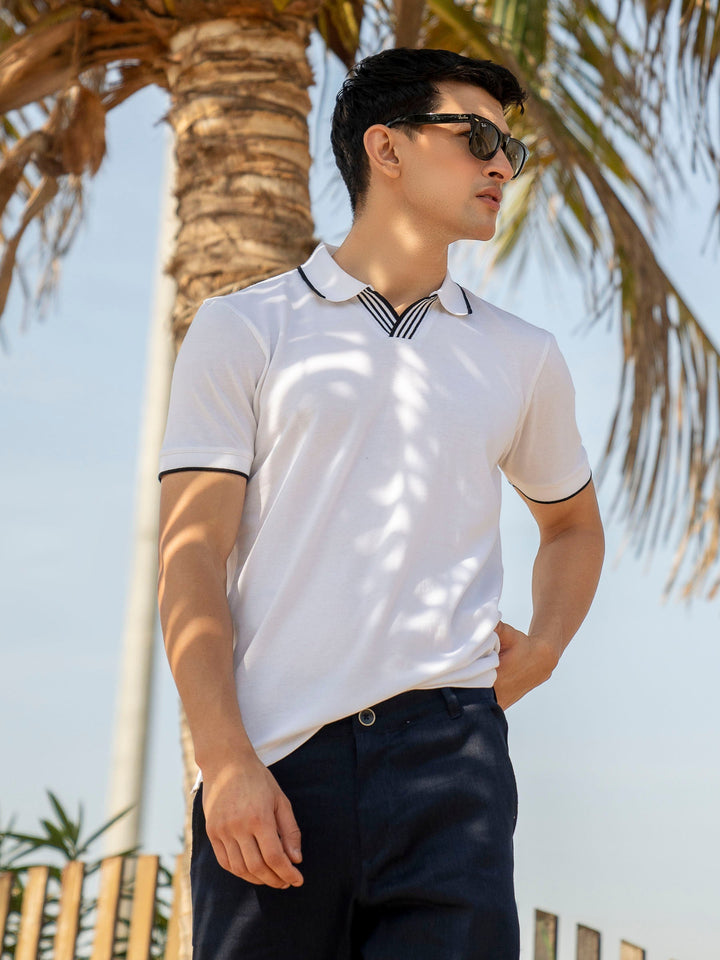 Brumano  Solids Cotton Polo White V-Placket Polo With Tipped Collar
