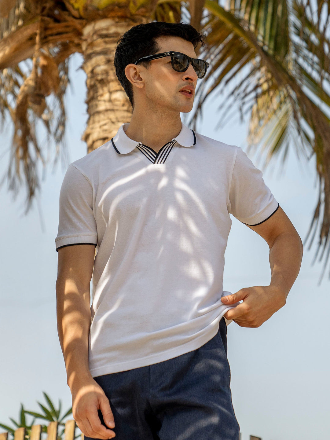 Brumano  Solids Cotton Polo White V-Placket Polo With Tipped Collar