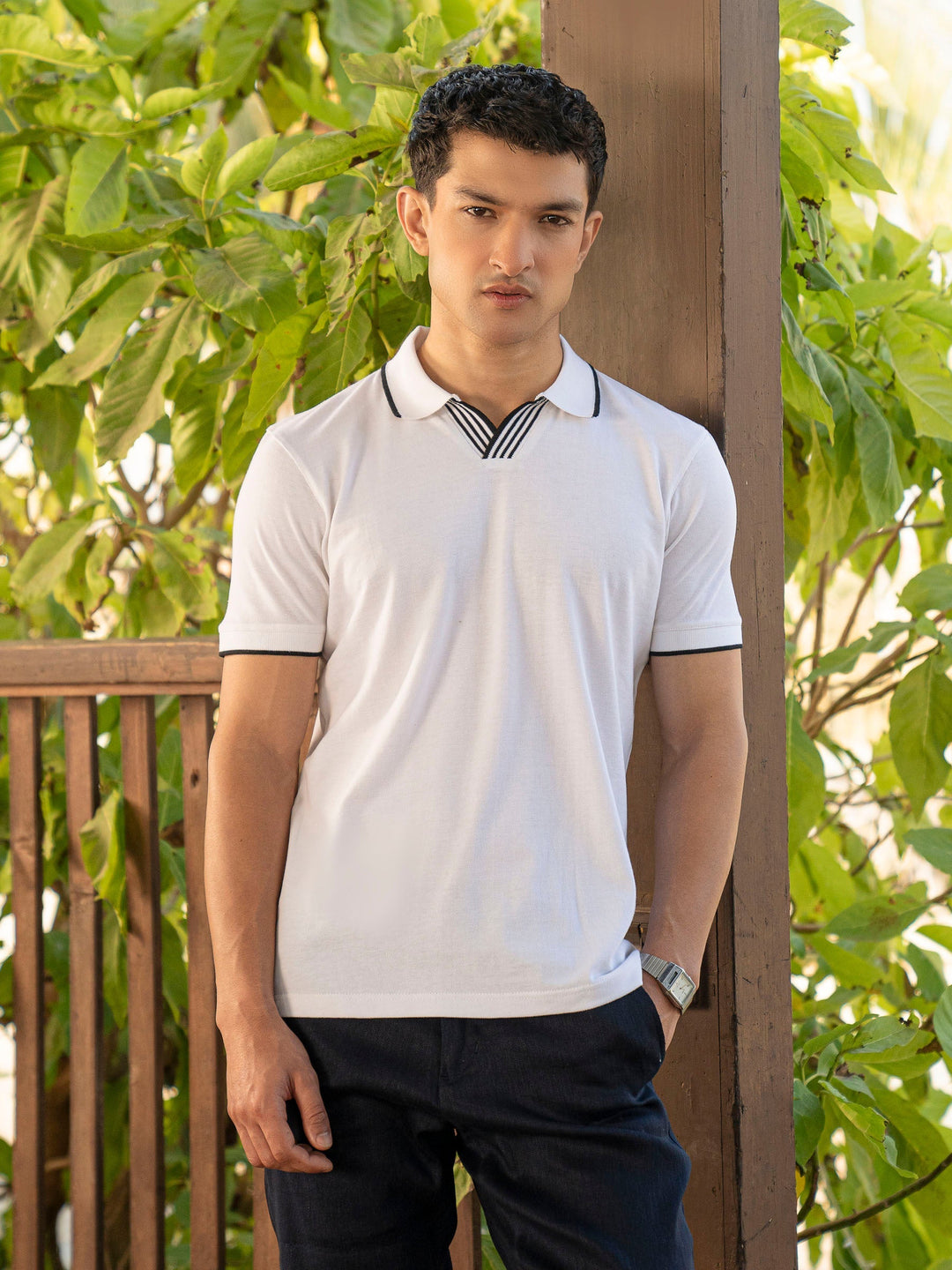 Brumano Mens RTW Solids Cotton Polo T-Shirt White V-Placket Casual Collection