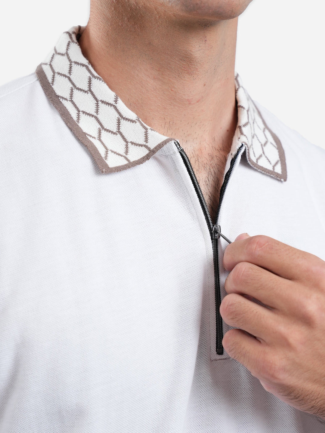 Brumano  Solids Cotton Polo White Zipper Polo With Jacquard Collar